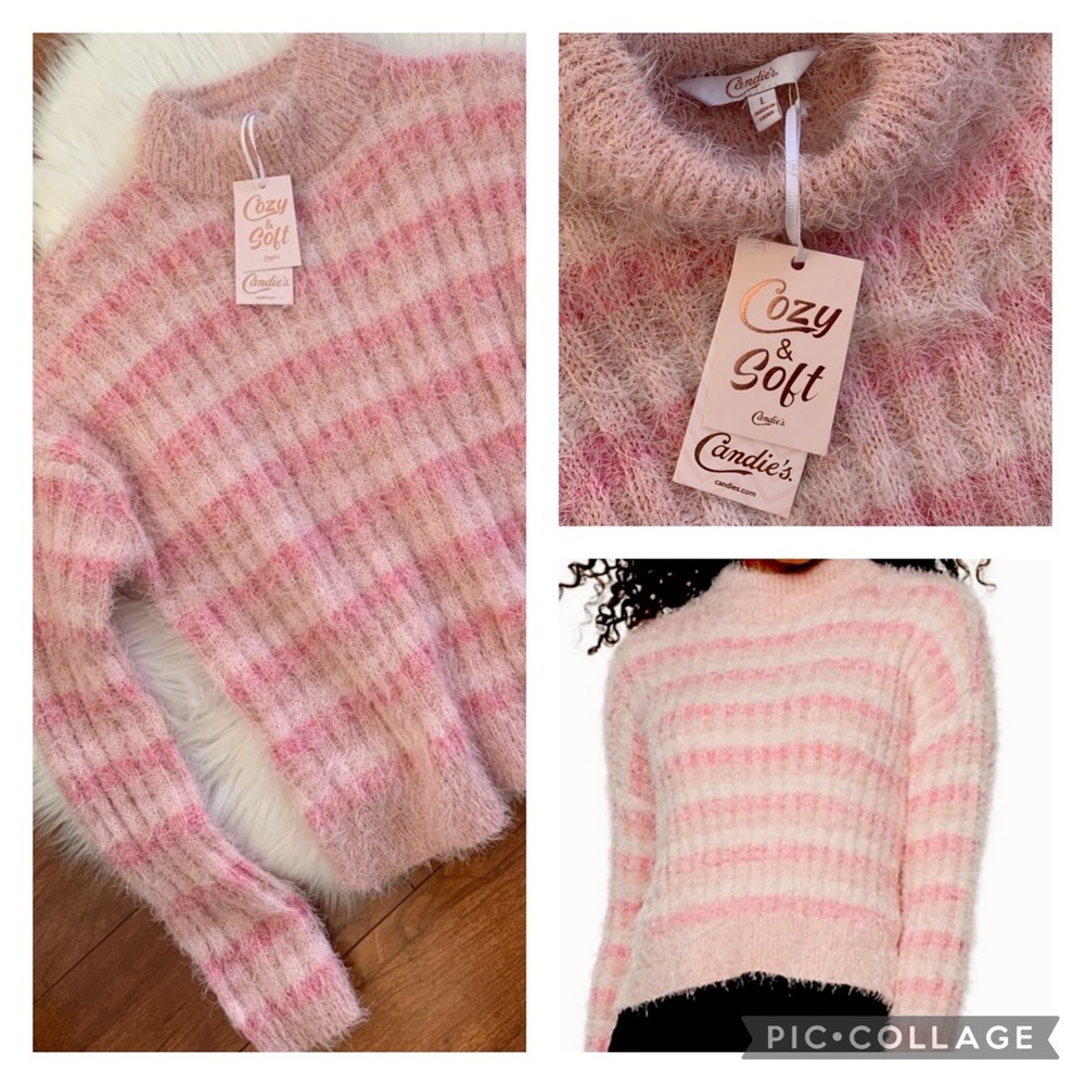 NWT•Candie's Cozy & Soft Mock Neck Pullover Crop Sweater in Pink Stripe-Size L